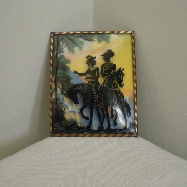 Vintage Framed Convex Glass Silhouette Picture with Horses - Bubble Glass