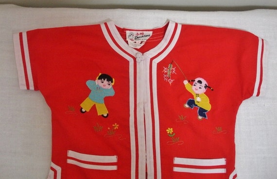 Vintage Red Asian Embroidered Childs Shirt - Duck… - image 2