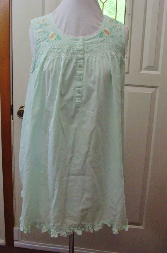 Vintage Green Checked Embroidered Nightgown - Ruffled… - Gem