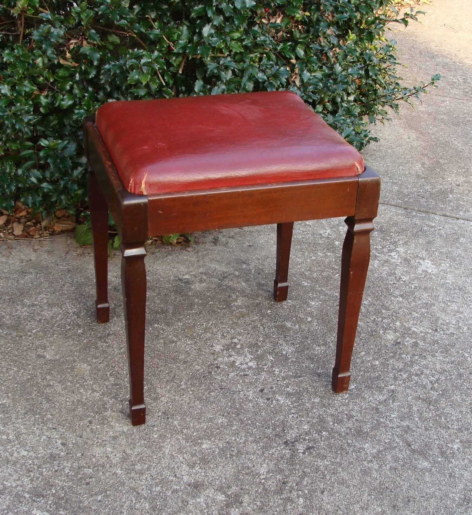 Vintage Red Leather Covered Singer Sewing Stool Lift Top for