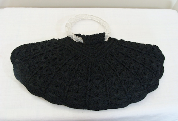 Vintage Black Corde Crocheted Fan Purse with Luci… - image 3