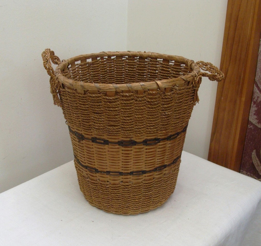 Vintage Handled Woven Basket With Handle - Native American Reed Twine ...