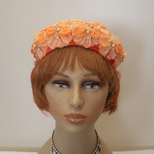 Vintage 1950s Orange Flowered Hat with Veil