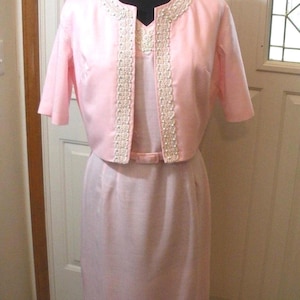 Vintage Pink & White Beaded Wiggle Dress with Cropped Jacket- An Apex Fashion - NWT