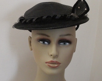 Vintage Black Straw Womens Hat with Rhinestones