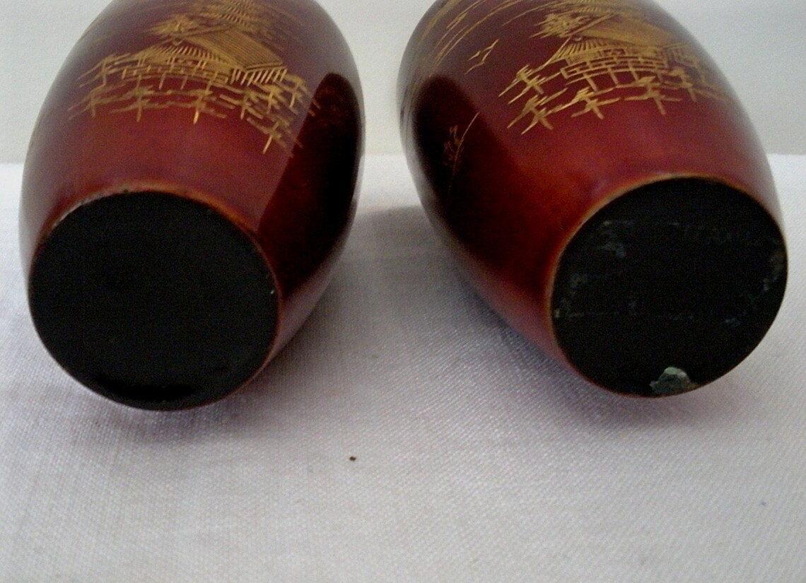 Pr. Japanese Red Lacquer Wood Vases w/ Gold Scene Etsy