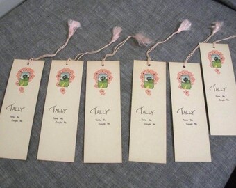 Vintage 6 Bridge Tallies - Art Deco Scene with Pink Flowers and Pink Tassels