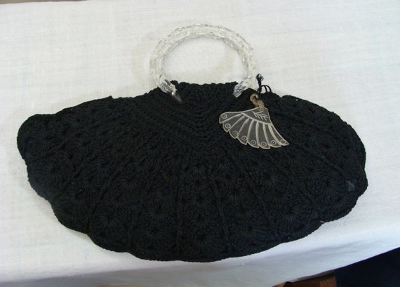 Vintage Black Corde Crocheted Fan Purse with Luci… - image 1