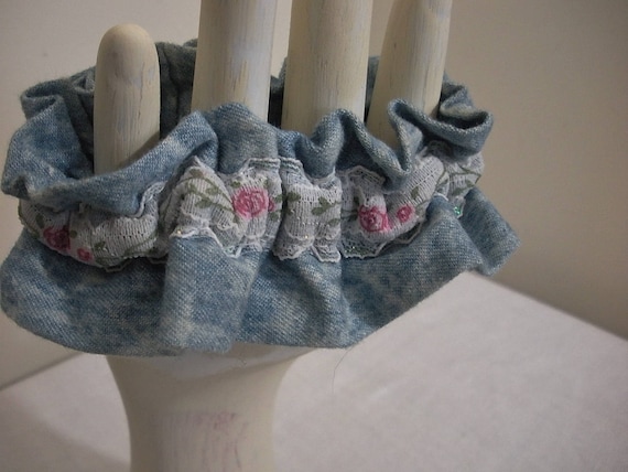 Vintage 1990s Hair Scrunchie - Blue with Lace