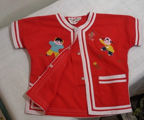 Vintage Red Asian Embroidered Childs Shirt - Duck… - image 3