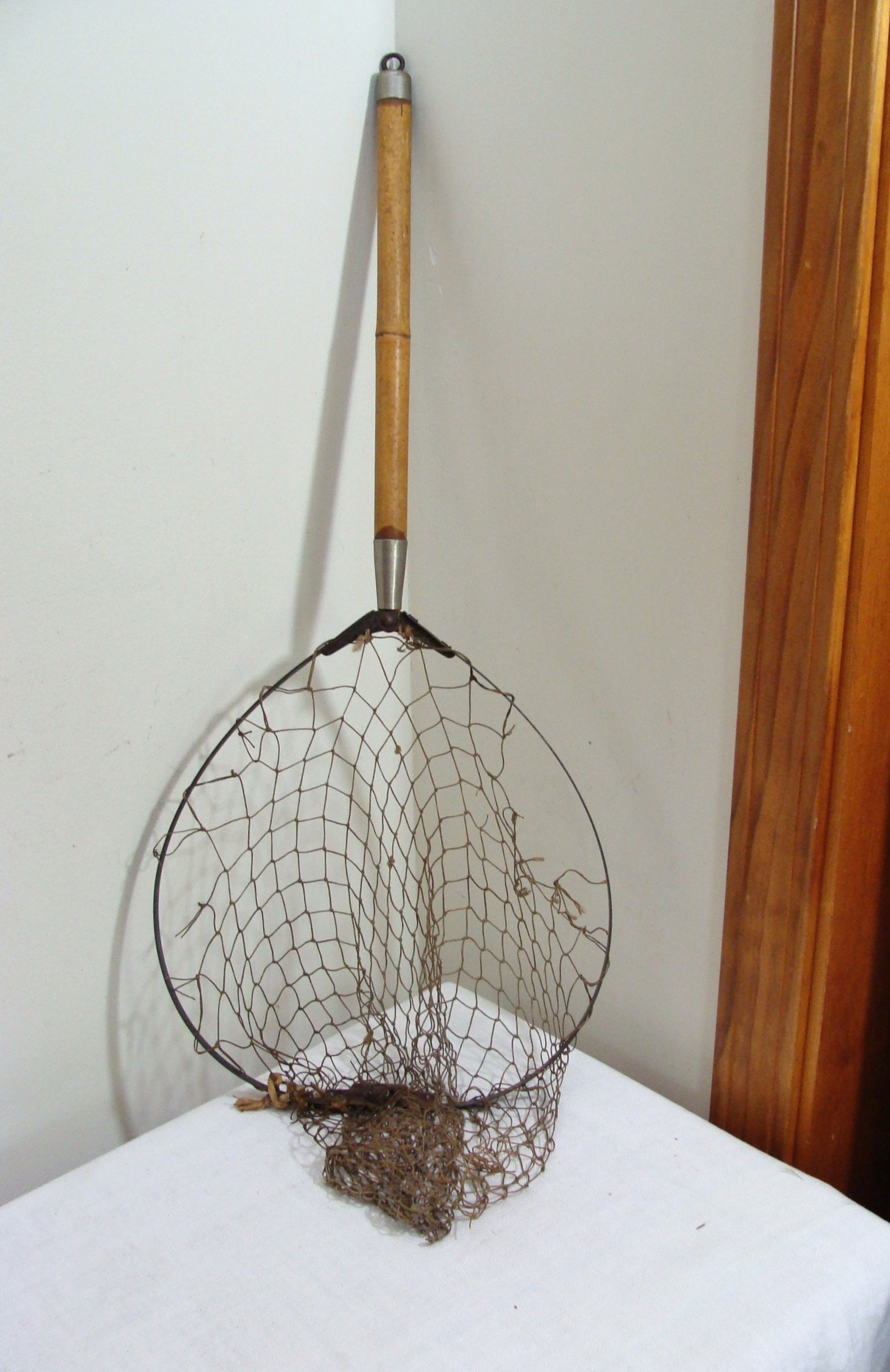 Vintage Antique Metal Ring Fishing Net Bamboo Handle -  Sweden