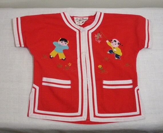 Vintage Red Asian Embroidered Childs Shirt - Duck… - image 1