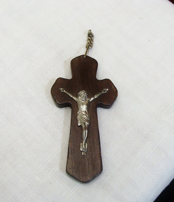 Vintage Wood & Silver Metal Crucifix - Ste. Anne … - image 1