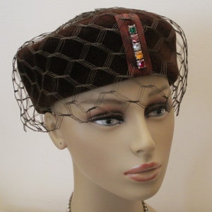 Vintage Dark Chocolate Brown Ladies Hat Pillbox with Colored Rhinestones image 2