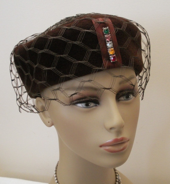 Vintage Dark Chocolate Brown Ladies Hat - Pillbox… - image 2