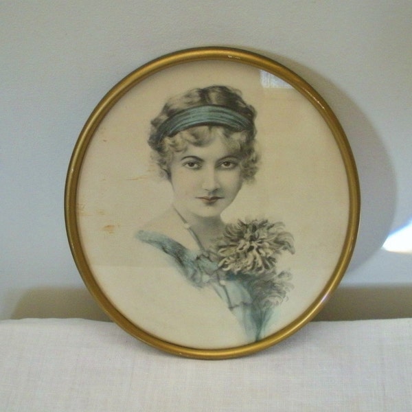 Antique Vintage Oval Frame with Print Portrait of Young Woman