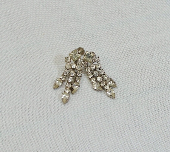 Vintage Rhinestone 3 Stand Drop Earrings - Screw … - image 1