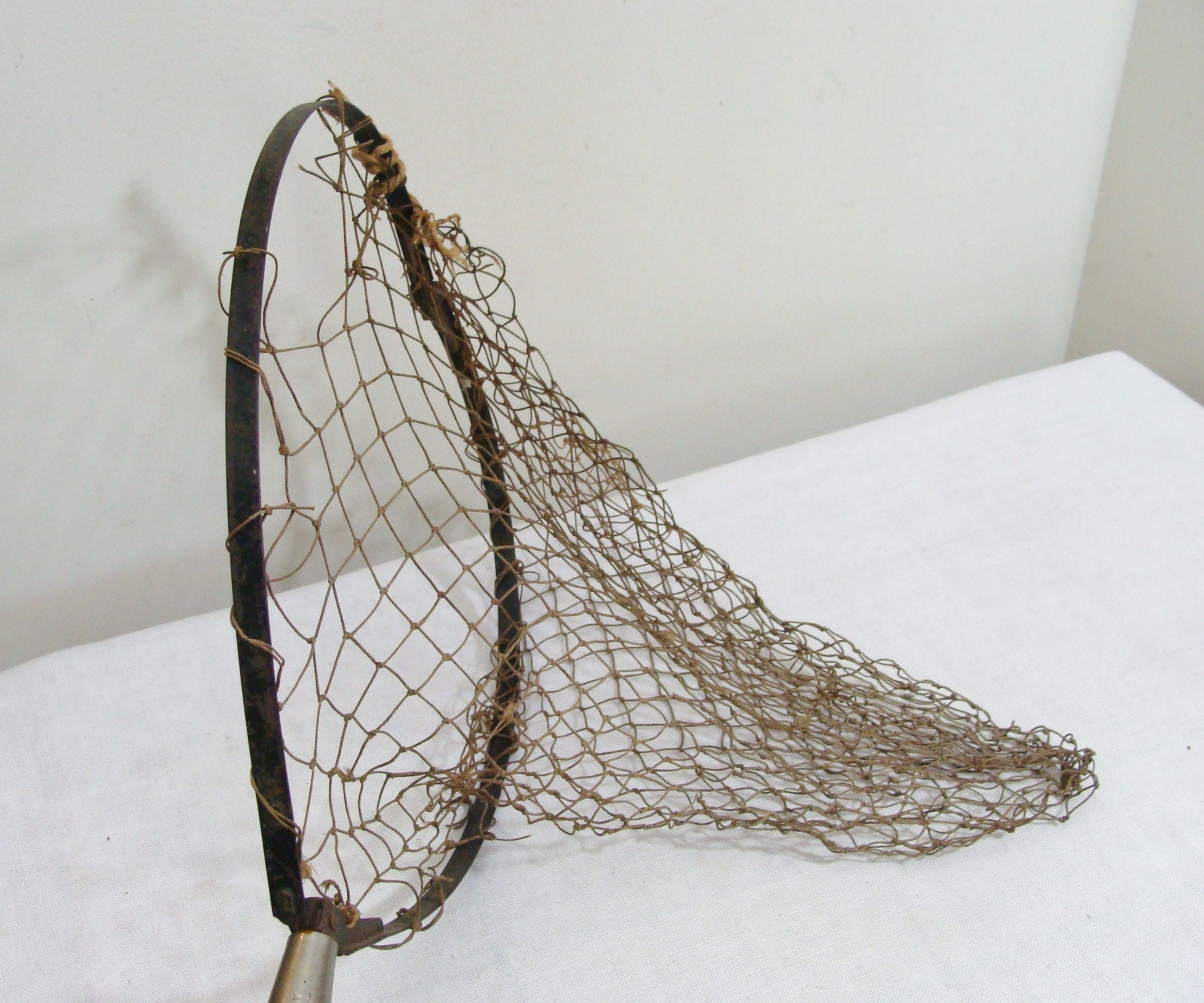 Vintage Antique Metal Ring Fishing Net Bamboo Handle 