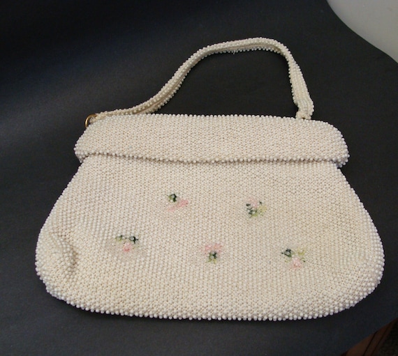 Vintage off White Plastic Beaded Purse La Regale LT 