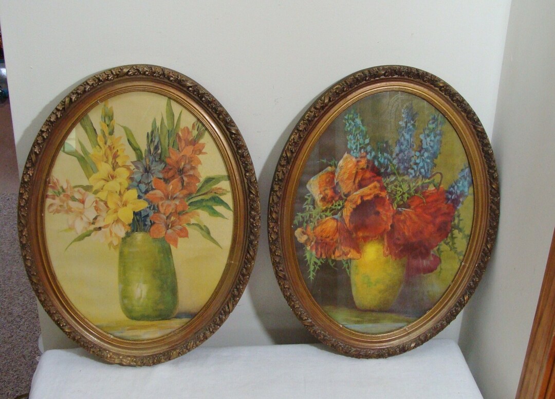 Vintage Antique Pair of Floral Prints in Gold Oval Ornate Picture ...