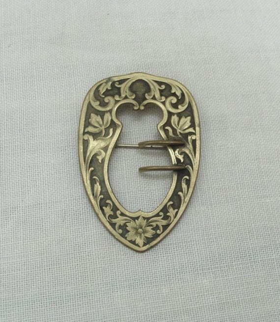 Vintage Antique Brass Embossed Sash Buckle Brooch - Sash Buckle Pin