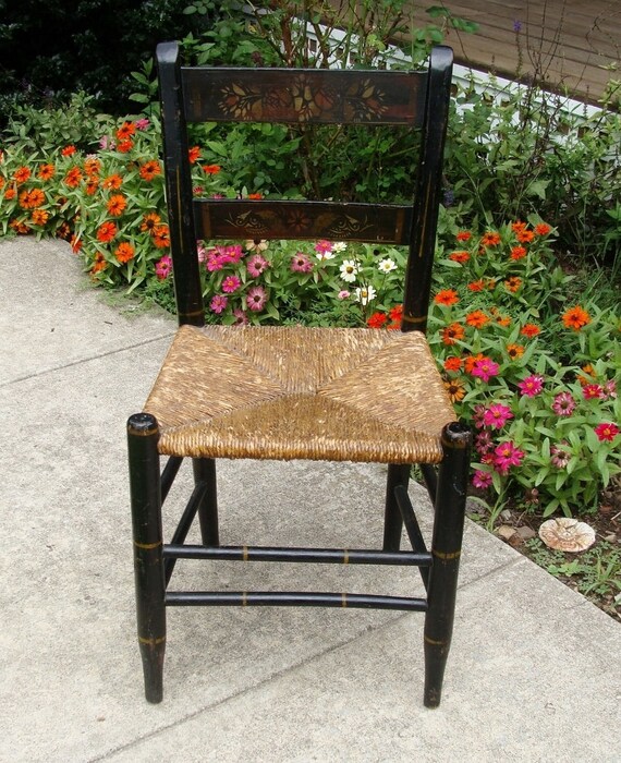 Antique Vintage Hitchcock Chair With Stenciling Rush Seat Etsy