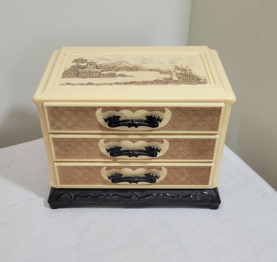 Vintage Asian Jewelry Box – Raised Asian Scenes