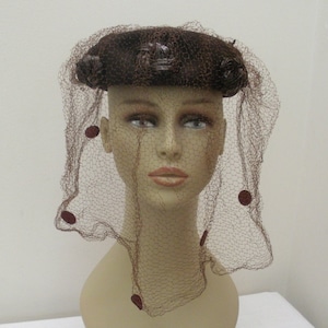 Vintage Brown Toque Womens Hat with Rosettes & Long Veil