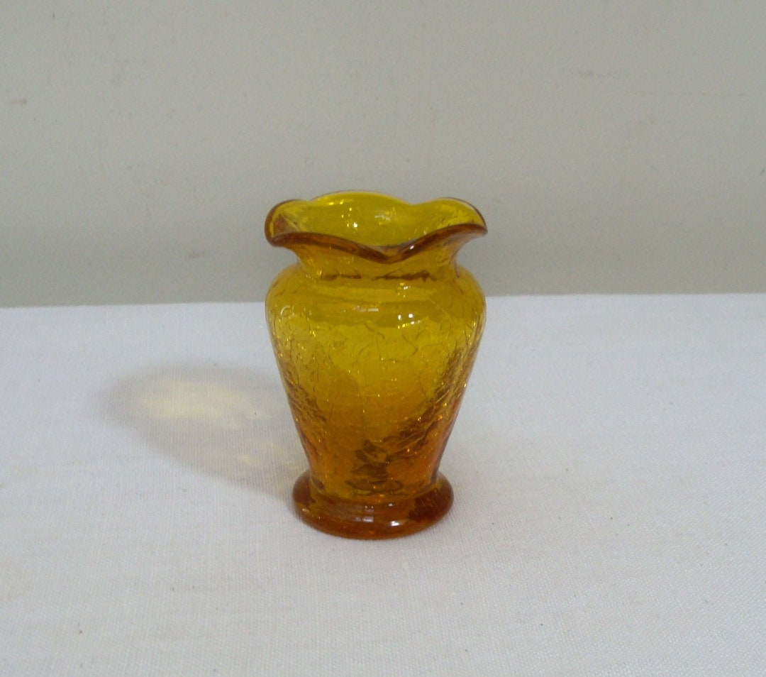 Vintage Small Amber Crackle Glass Vase Etsy