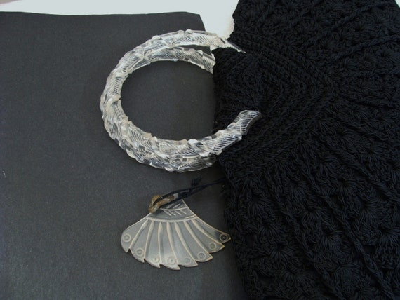 Vintage Black Corde Crocheted Fan Purse with Luci… - image 5