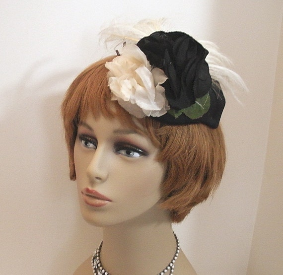 Vintage Ladies Hat  Black and Cream Tilt Topper F… - image 1