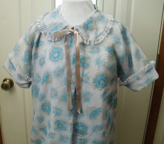 Vintage Turquoise Blue Floral Chiffon Short Robe … - image 1