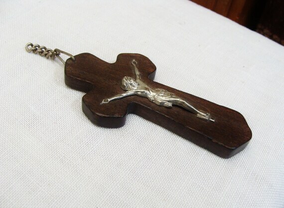 Vintage Wood & Silver Metal Crucifix - Ste. Anne … - image 2