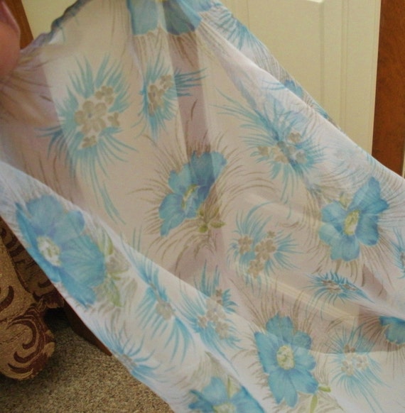 Vintage Turquoise Blue Floral Chiffon Short Robe … - image 4