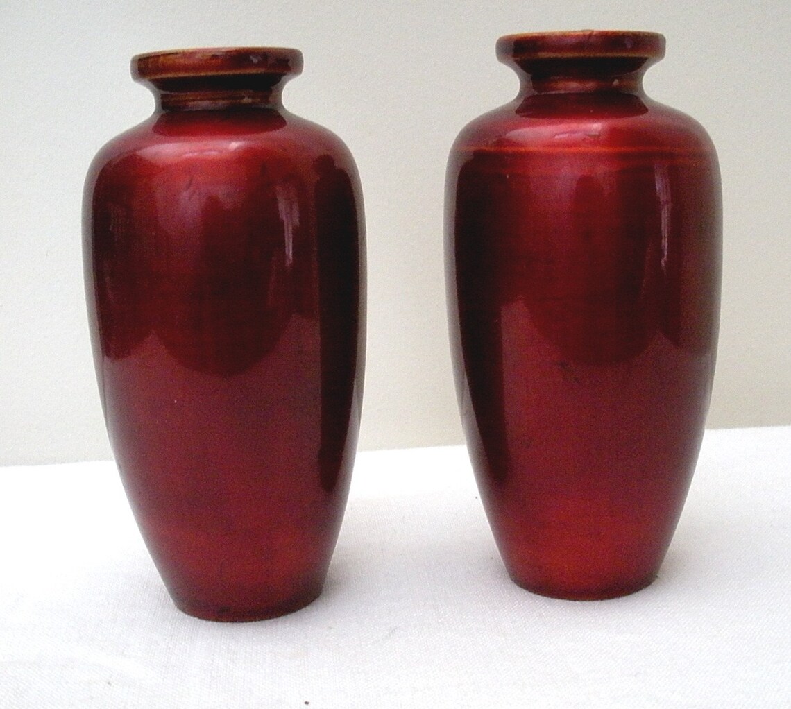 Pr. Japanese Red Lacquer Wood Vases w/ Gold Scene Etsy