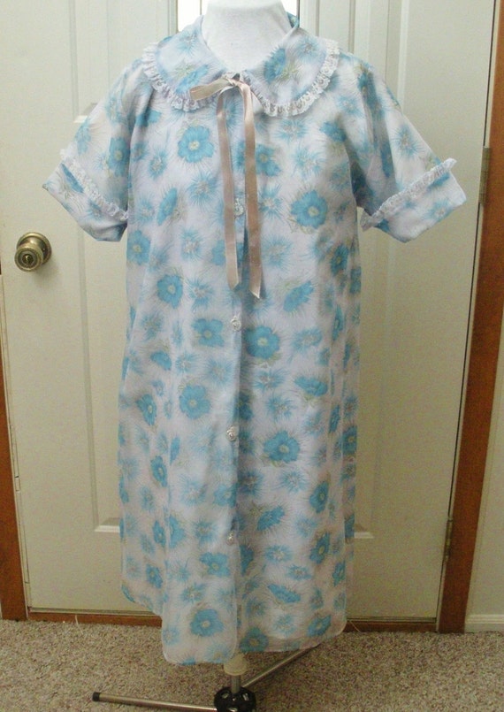 Vintage Turquoise Blue Floral Chiffon Short Robe … - image 2