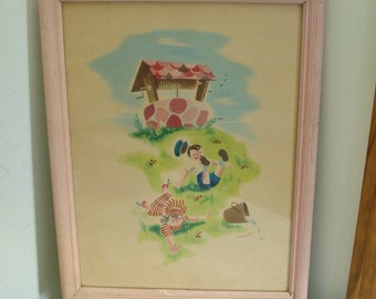 Vintage Jack and Jill Print in Pink Wood Frame - Signed Fellows