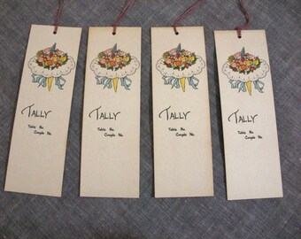Vintage 4 Bridge Tallies - Art Deco Flower Bouquet with Burgundy Tassels