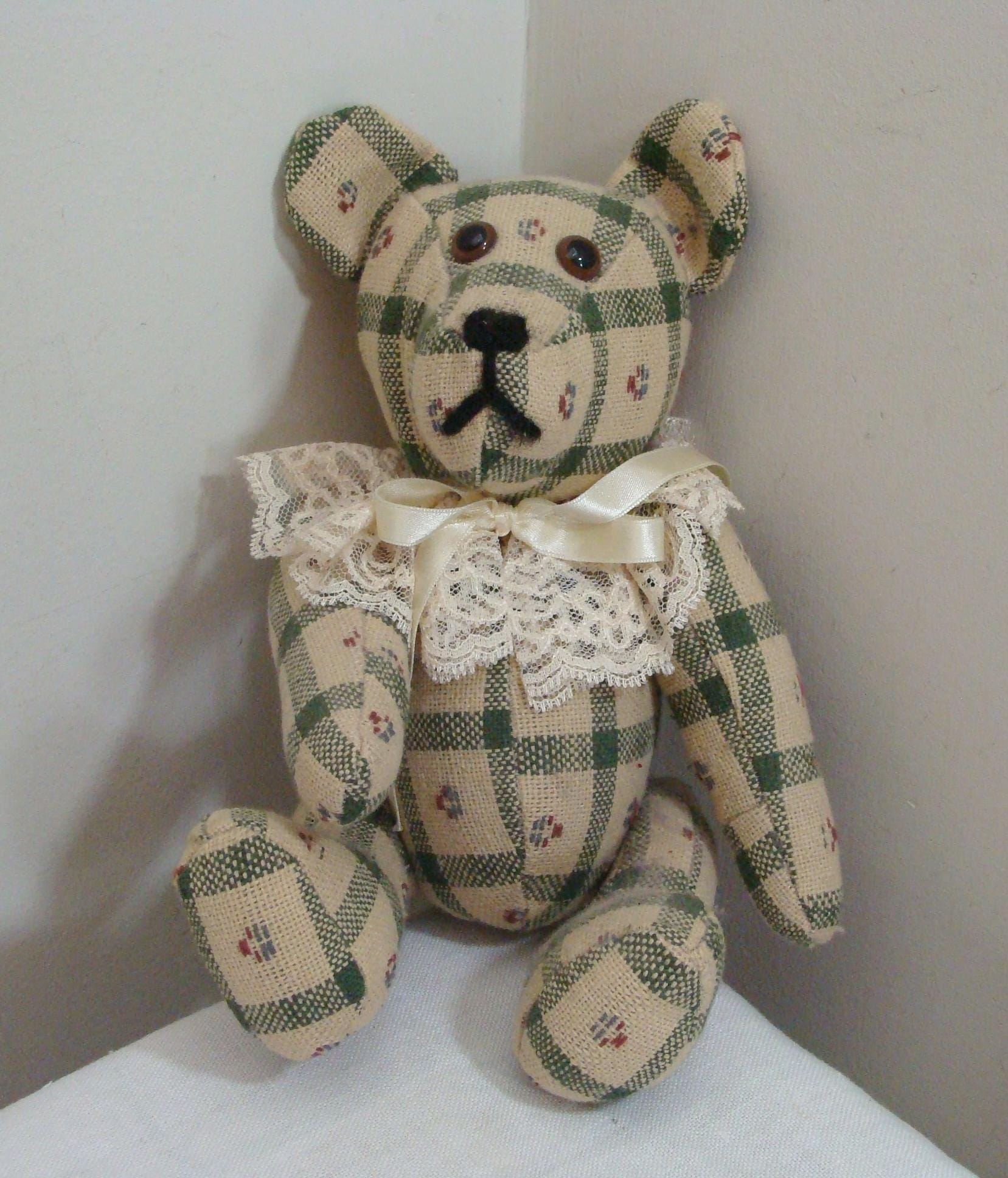 Vintage Handmade Teddy Bear - Beige & Green Plaid - Etsy