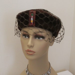 Vintage Dark Chocolate Brown Ladies Hat Pillbox with Colored Rhinestones image 1