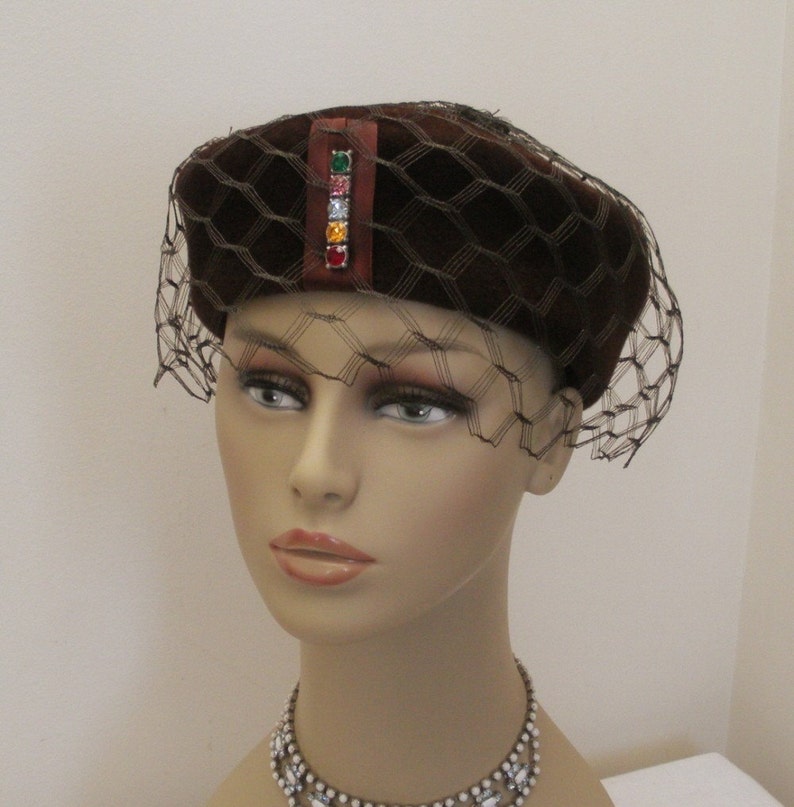 Vintage Dark Chocolate Brown Ladies Hat Pillbox with Colored Rhinestones image 1