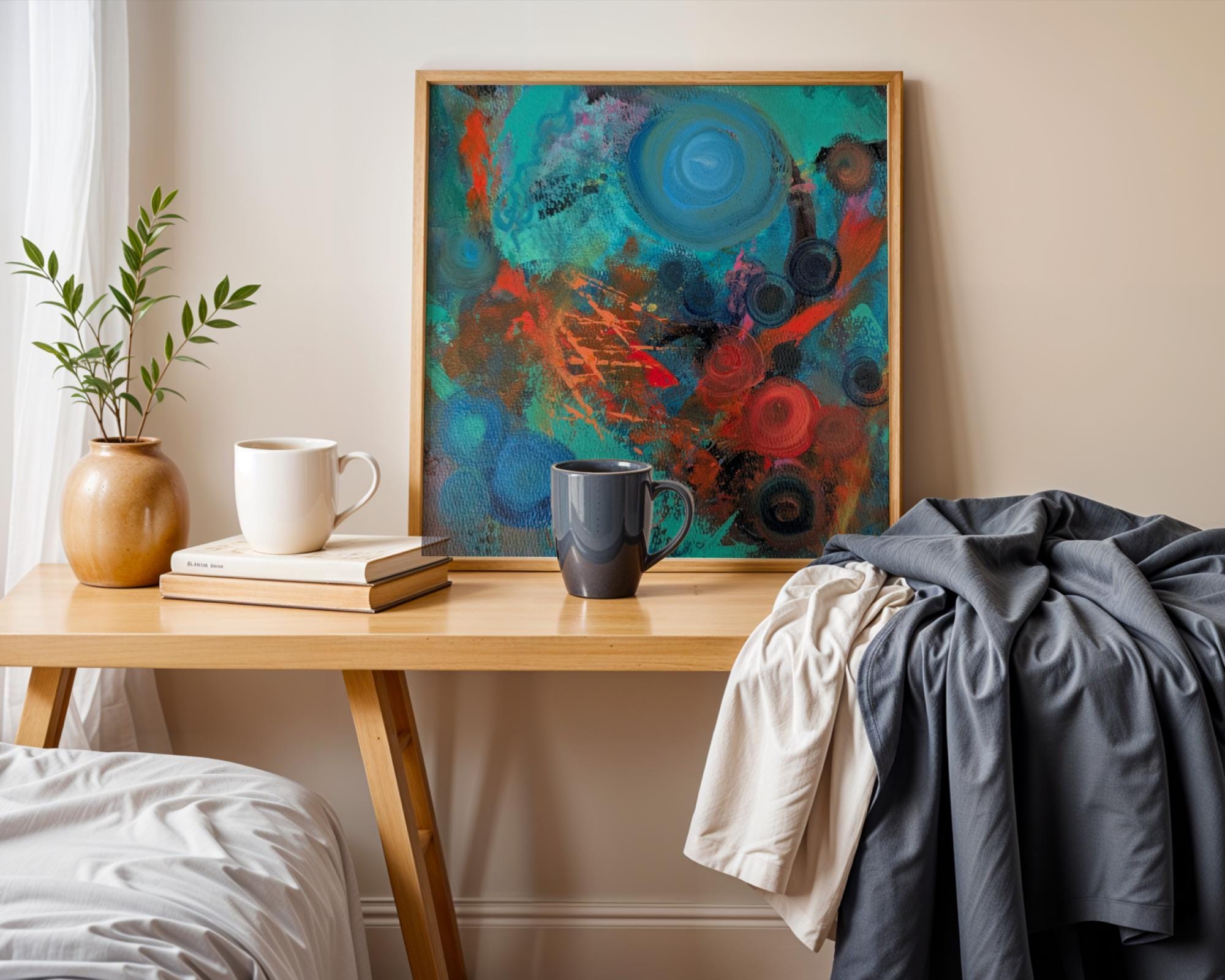 抽象アクリル画 | 10.5インチ x 11インチ | 青とオレンジの抽象画 | 紙