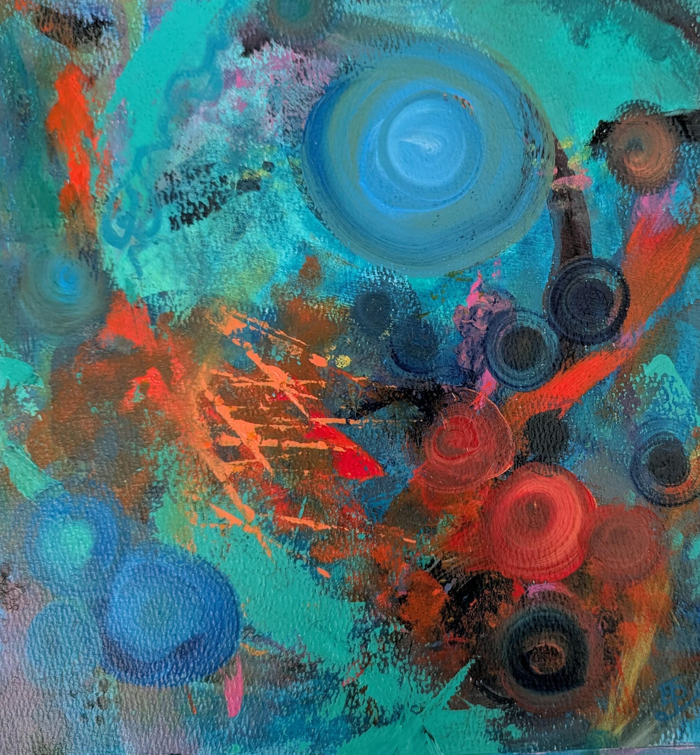 抽象アクリル画 | 10.5インチ x 11インチ | 青とオレンジの抽象画 | 紙