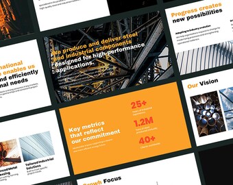 May include: A collection of slides with text and images related to an industrial manufacturing company. The slides feature text such as "We produce and deliver steel and industrial components" and "Key metrics that reflect our commitment."