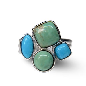 Turquoise Cluster Ring: Sterling Silver Statement Ring, Size 7.5