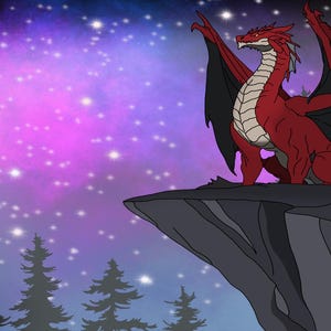 Könnte beinhalten: Eine Illustration eines roten Drachen mit schwarzen Flügeln, der auf einer Klippe vor einem Sternenhimmel und einem Halbmond sitzt. Der Drache hat einen hellfarbigen Bauch. Der Hintergrund weist violette und blaue Farbtöne auf.