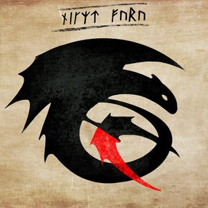 May include: Black dragon silhouette with a red arrow, set against a textured, tan background. The dragon design is stylized, with sharp edges and a curved body. The image includes text at the top.