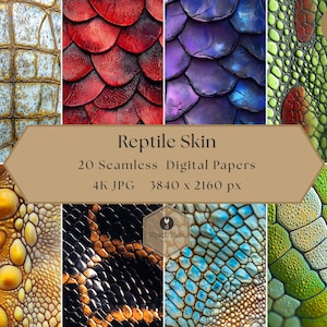 Könnte beinhalten: Eine Collage von Reptilienhauttexturen in verschiedenen Farben, darunter Rot, Lila, Grün und Braun. Das Bild enthält ein Banner mit der Aufschrift "Reptile Skin" und Details zu den digitalen Papieren, wie z. B. die Auflösung von 3840 x 2160 px.