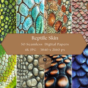 Puede incluir: Un collage de texturas de piel de reptil en varios colores, incluyendo verde, azul, naranja y morado. La imagen incluye el texto "Reptile Skin" y detalles sobre los papeles digitales, con una resolución de 3840 x 2160 px.
