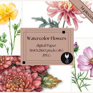 Könnte beinhalten: Ein digitales Papierpaket mit 34 Aquarell-Blumenillustrationen. Das Paket enthält rosa, gelbe und lila Blumen mit grünen Blättern. Die Blumen sind in einem realistischen Stil gemalt. Das digitale Papier ist 3840x2160 Pixel (4K) groß und im JPEG-Format.